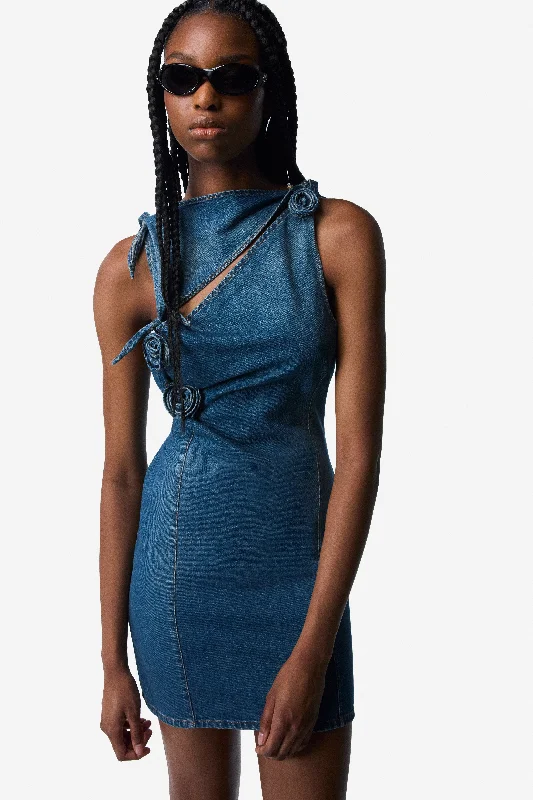 Denim Asymmetric Flower Mini Dress Cozy Ruched Mini Dress