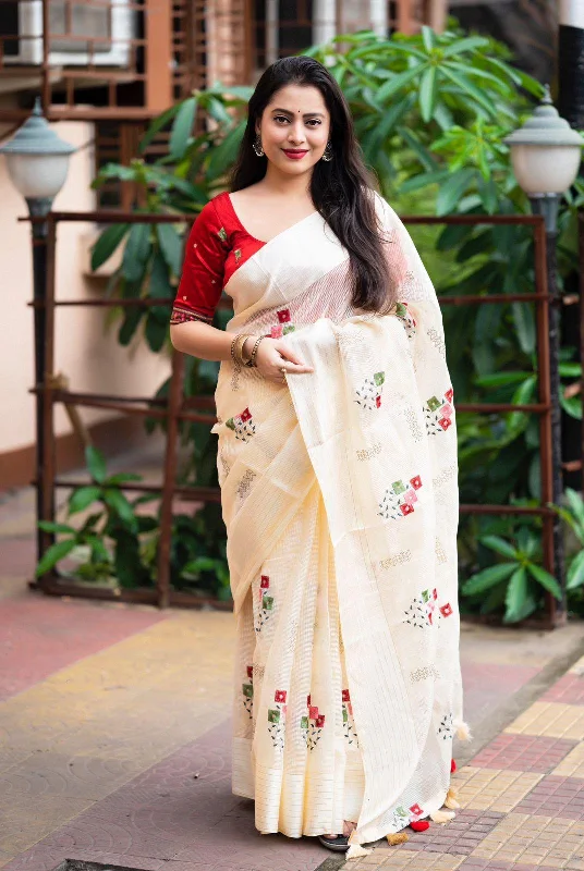 Cream Silk Blend Ethnic Motifs Saree with Unstitched Blouse - A2M Elegant Office Blouse Cream Silk Blend Ethnic Motifs Saree with Unstitched Blouse - A2M Elegant Office Blouse
