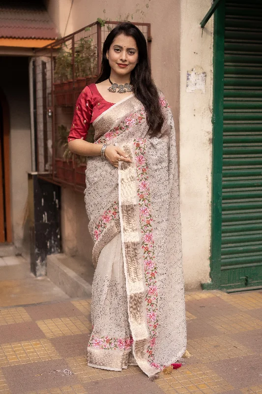Grey Pure Linen Woven Design Saree with Unstitched Blouse - A2M Chic Off-Shoulder Blouse Grey Pure Linen Woven Design Saree with Unstitched Blouse - A2M Chic Off-Shoulder Blouse