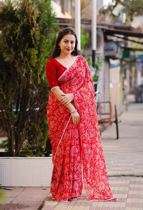 Red Poly Georgette Ethnic Motifs Saree with Unstitched Blouse - A2M Sheer Mesh Blouse Red Poly Georgette Ethnic Motifs Saree with Unstitched Blouse - A2M Sheer Mesh Blouse