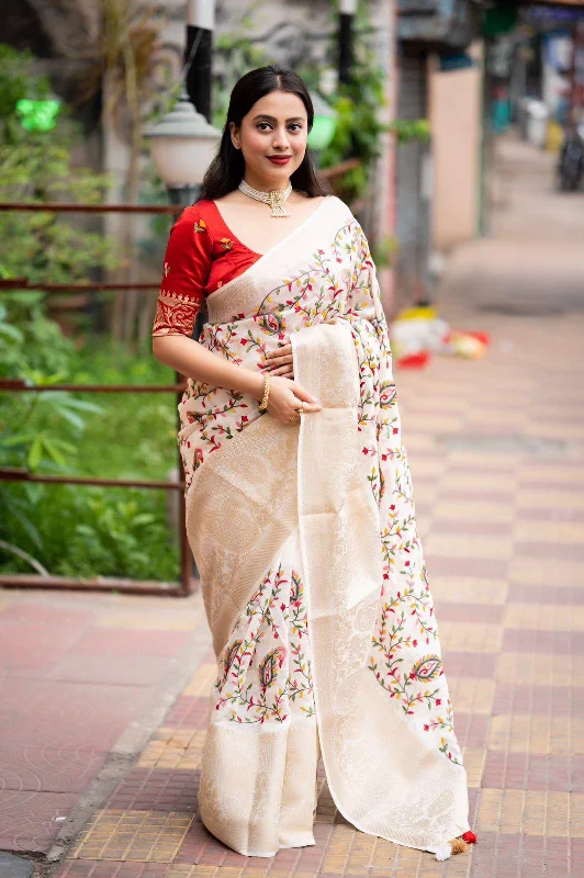 White Jute Silk Ethnic Motifs Saree with Unstitched Blouse - A2M Feminine Satin Blouse White Jute Silk Ethnic Motifs Saree with Unstitched Blouse - A2M Feminine Satin Blouse