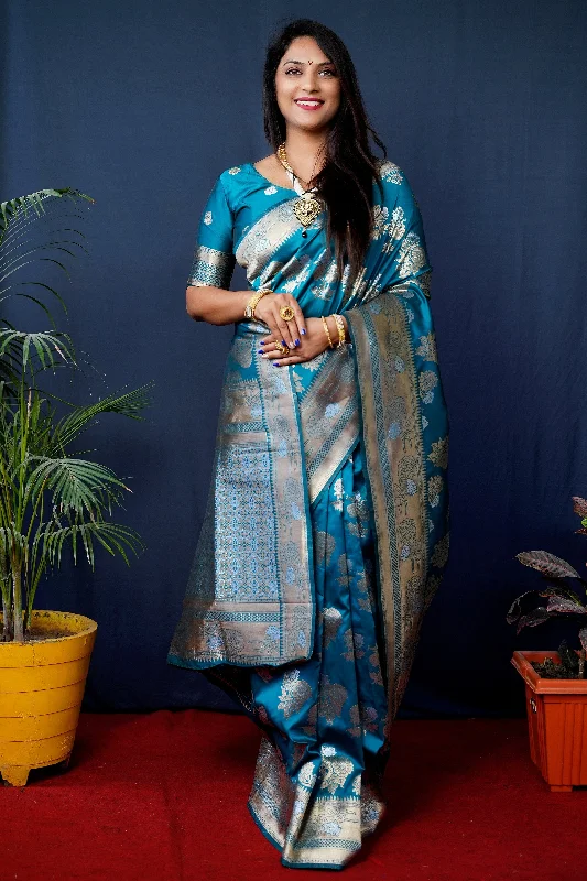 Jyoti Fashion Women's Teal Handloom Banarasi Silk Zari Woven Saree with Blouse Soft Knit Blouse Jyoti Fashion Women's Teal Handloom Banarasi Silk Zari Woven Saree with Blouse Soft Knit Blouse