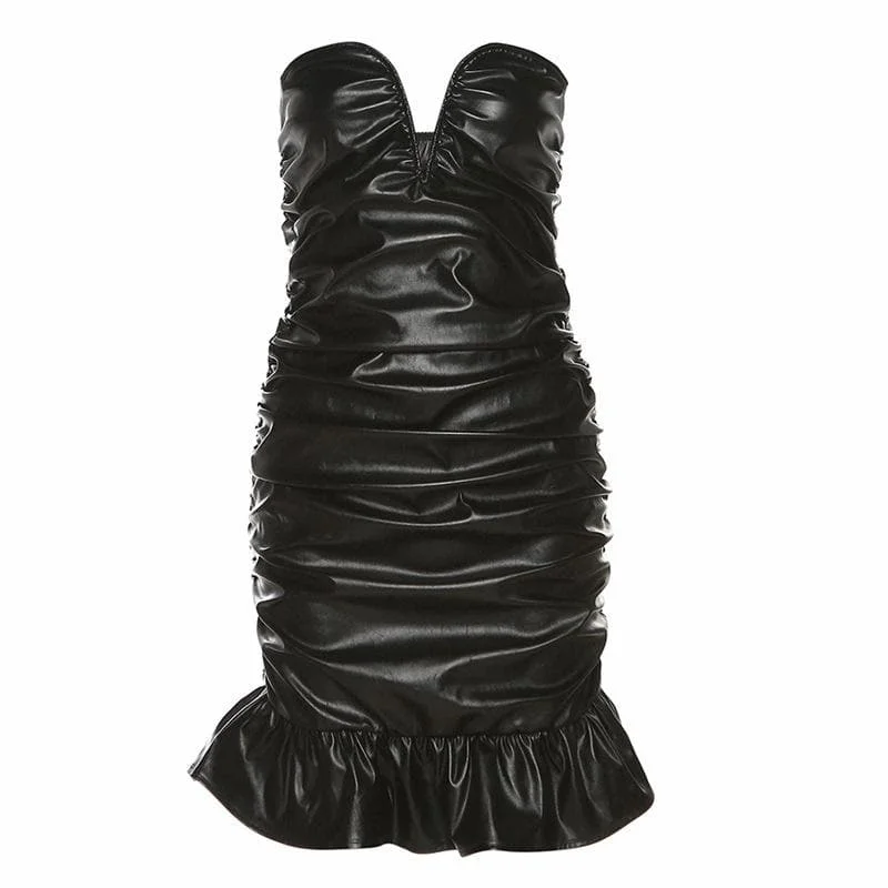 BerryBetty - Ruffle solid notch neck ruched PU backless tube mini dress Fashionable Off-Shoulder Mini Dress BerryBetty - Ruffle solid notch neck ruched PU backless tube mini dress Fashionable Off-Shoulder Mini Dress