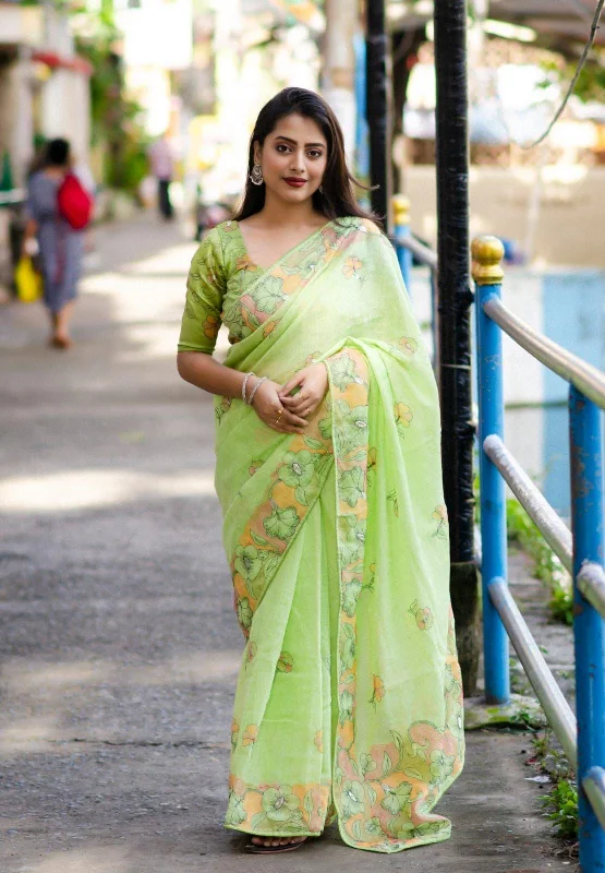 Green Pure Linen Ethnic Motifs Saree with Unstitched Blouse - A2M Feminine Pastel Blouse Green Pure Linen Ethnic Motifs Saree with Unstitched Blouse - A2M Feminine Pastel Blouse