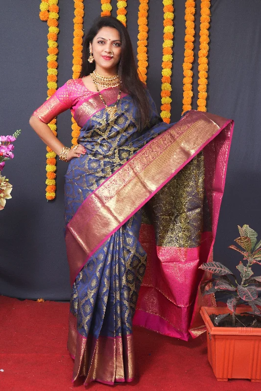 Jyoti Fashion Women's Navy Blue Kanchipuram Silk Zari Woven Saree with Blouse Sheer Sleeve Blouse Jyoti Fashion Women's Navy Blue Kanchipuram Silk Zari Woven Saree with Blouse Sheer Sleeve Blouse