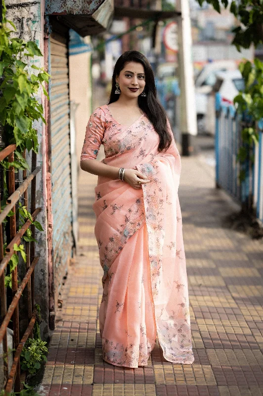 Pink Pure Linen Ethnic Motifs Saree with Unstitched Blouse - A2M Modern Work Blouse