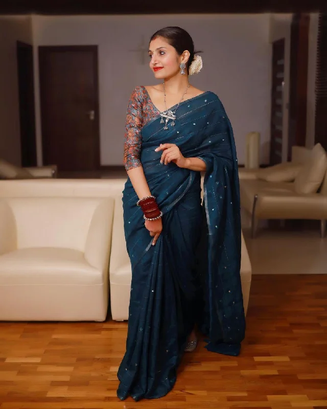 Blue Pure Linen Ethnic Motifs Saree with Unstitched Blouse - A2M Frilled Cuff Blouse Blue Pure Linen Ethnic Motifs Saree with Unstitched Blouse - A2M Frilled Cuff Blouse