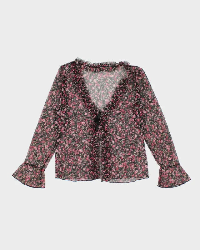 Y2k 00s Floral Mesh Ruffle Blouse - S Polished Work Blouse