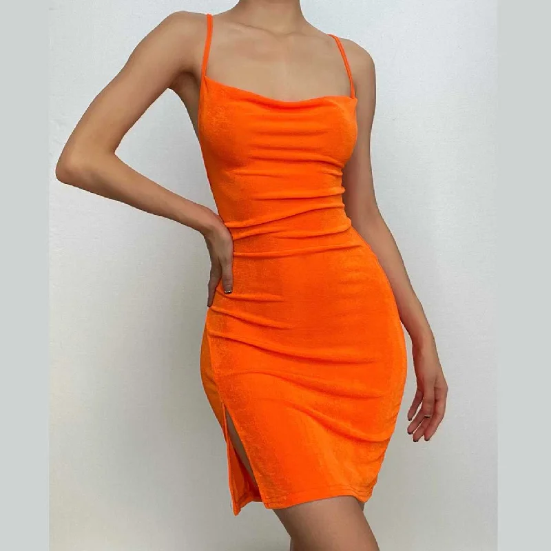 BerryBetty - Cowl neck cross back solid slit lace up backless mini dress Trendy Bodycon Mini Dress