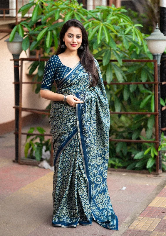 Blue Cotton Blend Ajrak Saree with Unstitched Blouse - A2M Classic Striped Blouse