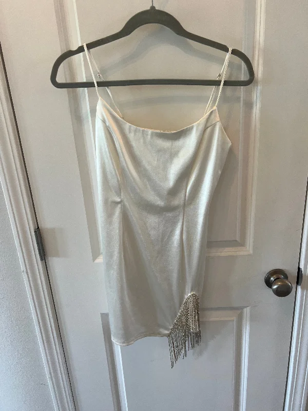 Better Be Satin Mini Dress w Fringe Women’s Size Small White Fashionable Button-Front Mini Dress