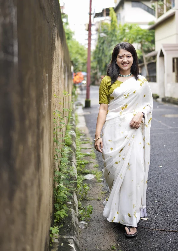 Mehndi Poly Georgette Tie And Dye Saree with Unstitched Blouse - A2M Satin Bow Blouse Mehndi Poly Georgette Tie And Dye Saree with Unstitched Blouse - A2M Satin Bow Blouse