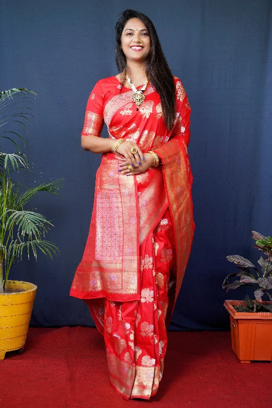 Jyoti Fashion Women's Red Handloom Banarasi Silk Zari Woven Saree with Blouse Floral Chiffon Blouse Jyoti Fashion Women's Red Handloom Banarasi Silk Zari Woven Saree with Blouse Floral Chiffon Blouse