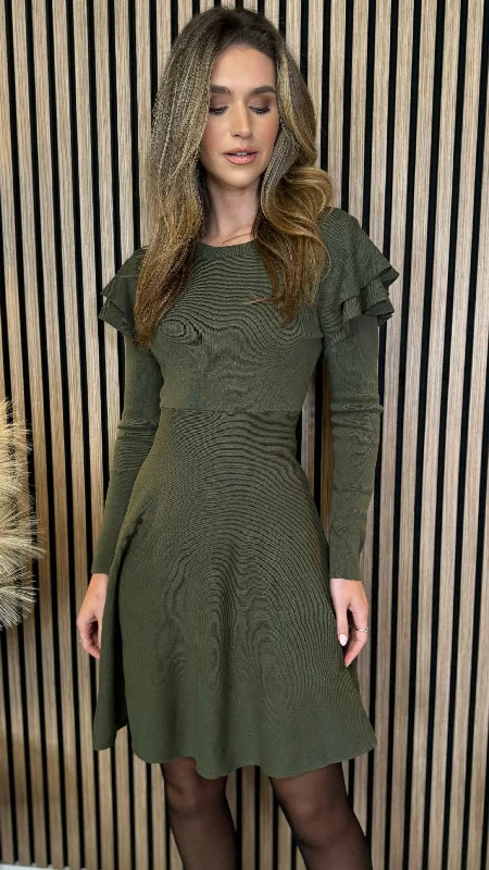 Leighton Khaki Frill Shoulder Detail Kint Mini Dress Fashionable Mini Dress with Frills