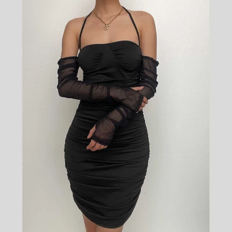BerryBetty - Mesh solid gloves halter off shoulder backless ruched mini dress Fashionable Mini Dress with Pockets BerryBetty - Mesh solid gloves halter off shoulder backless ruched mini dress Fashionable Mini Dress with Pockets