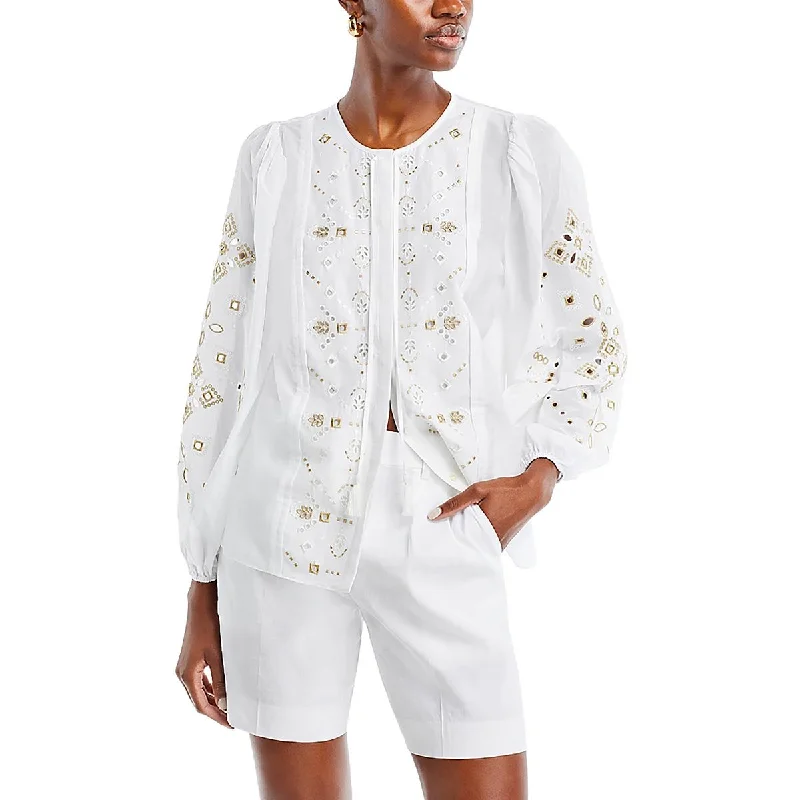 Womens Eyelet Embroidered Blouse Ruched Sleeve Blouse