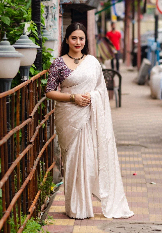 Grey Poly Silk Ethnic Motifs Saree with Unstitched Blouse - A2M Casual Button Blouse Grey Poly Silk Ethnic Motifs Saree with Unstitched Blouse - A2M Casual Button Blouse