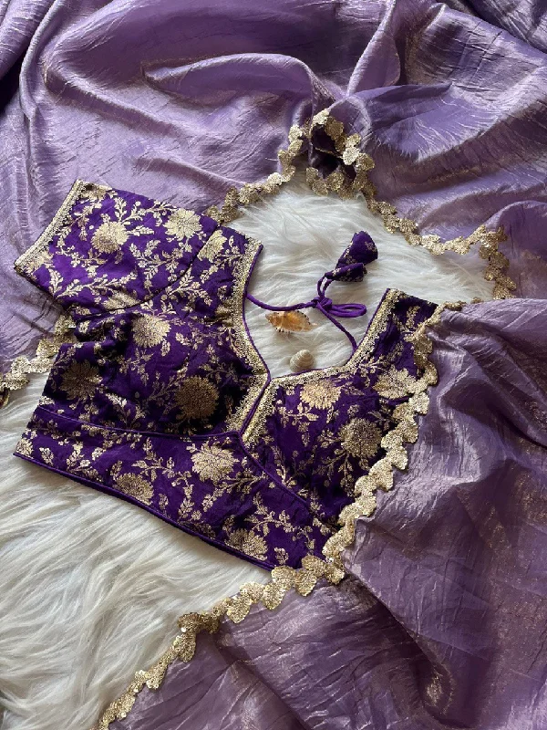 Lorenvalley Fashion Premium Lavender Tissue Crush Saree with Jacquard Weaving Stitched Blouse Vintage Lace Blouse Lorenvalley Fashion Premium Lavender Tissue Crush Saree with Jacquard Weaving Stitched Blouse Vintage Lace Blouse