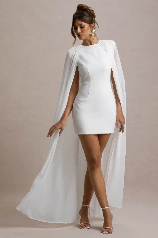 Elysium | White Bodycon Mini Dress With Chiffon Cape Trendy Bodycon Mini Dress
