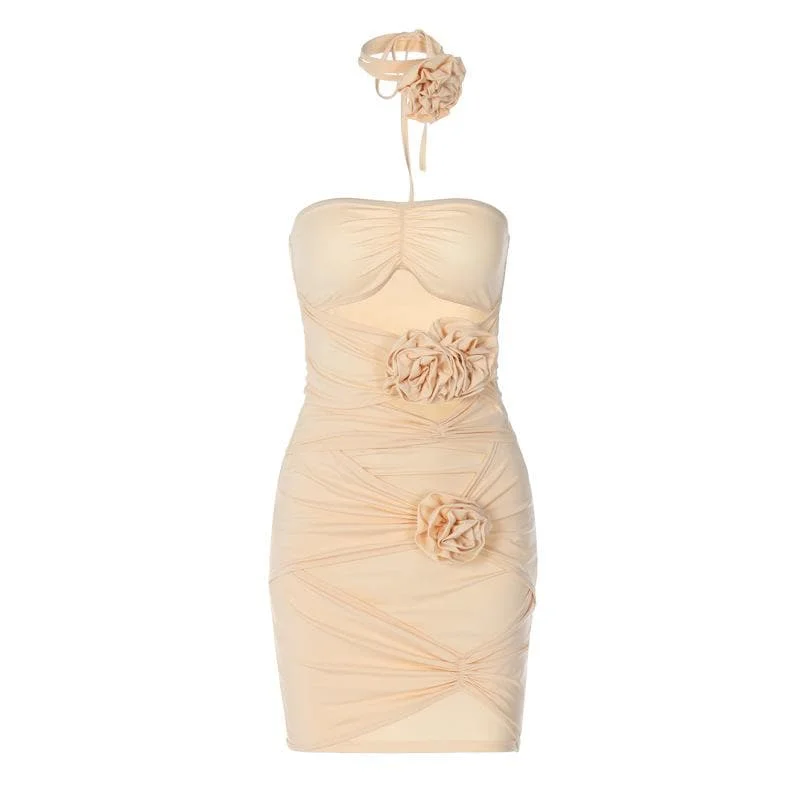 BerryBetty - Ruched flower applique backless hollow out tube mini dress Classic Shift Mini Dress BerryBetty - Ruched flower applique backless hollow out tube mini dress Classic Shift Mini Dress