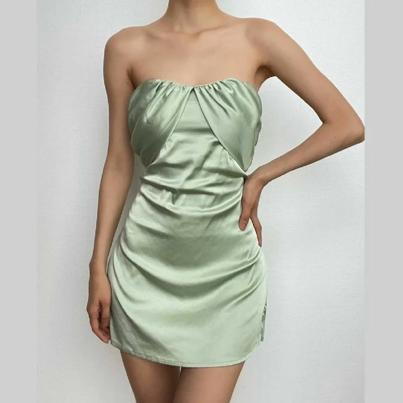 BerryBetty - Patchwork slit ruched backless sleeveless tube mini dress Casual Mini Dress with Pockets BerryBetty - Patchwork slit ruched backless sleeveless tube mini dress Casual Mini Dress with Pockets