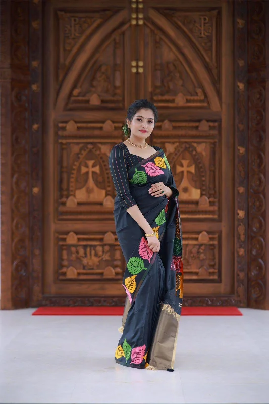 Black Pure Silk Woven Design Saree with Unstitched Blouse - A2M Romantic Lace Blouse Black Pure Silk Woven Design Saree with Unstitched Blouse - A2M Romantic Lace Blouse