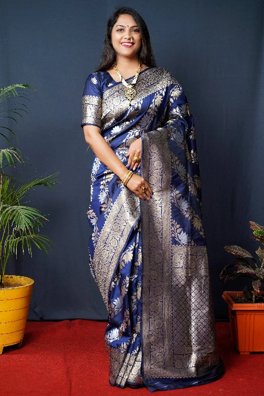 Jyoti Fashion Women's Navy Blue Handloom Banarasi Silk Zari Woven Saree with Blouse Satin Bow Blouse Jyoti Fashion Women's Navy Blue Handloom Banarasi Silk Zari Woven Saree with Blouse Satin Bow Blouse