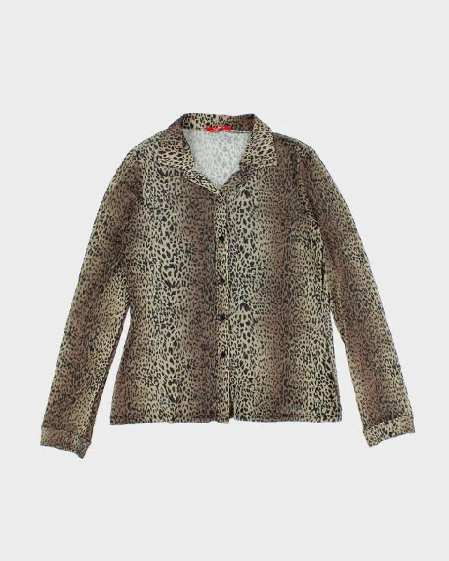 Y2k 00s Guess Leopard Print Mesh Blouse - L Wrap Front Blouse