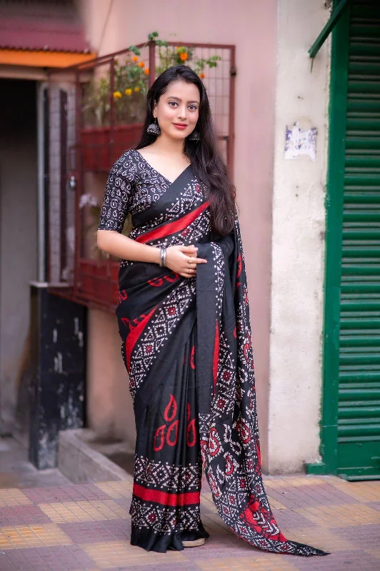 Black Silk Blend Ethnic Motifs Saree with Unstitched Blouse - A2M Office-Ready Blouse