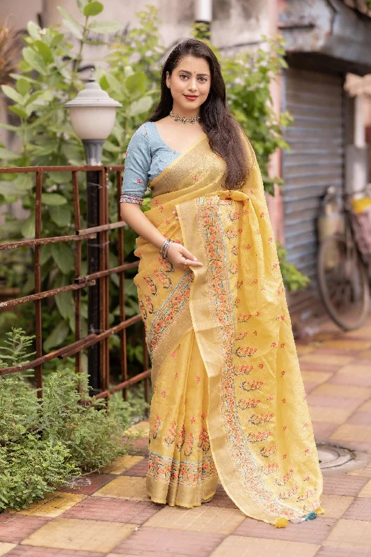 Yellow Pure Linen Ethnic Motifs Saree with Unstitched Blouse - A2M Feminine Puff Blouse
