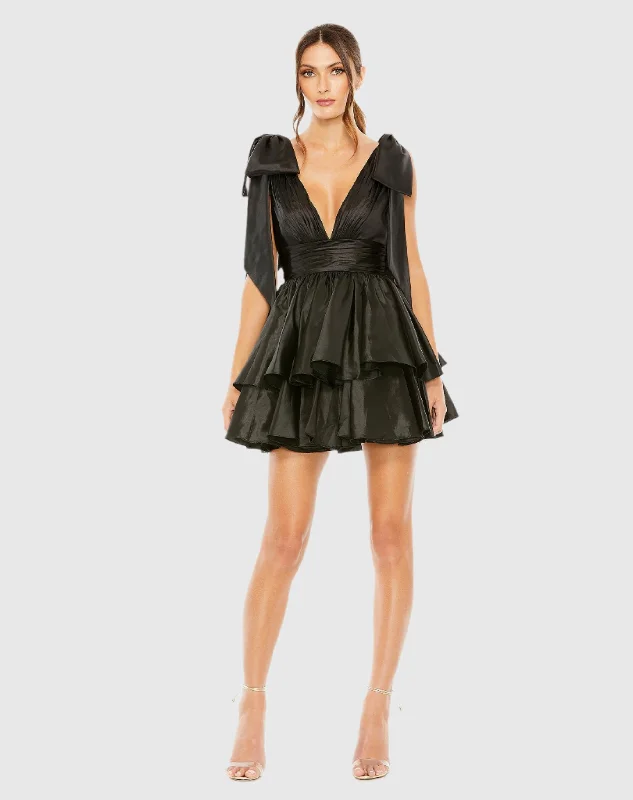 Black Oversized Bow Deep V Ruffle Mini Dress Comfortable Ruffle Mini Dress