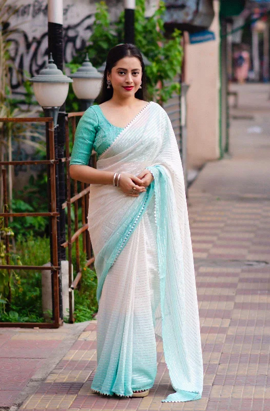 Green Poly Chiffon Striped Saree with Unstitched Blouse - A2M High Neck Blouse