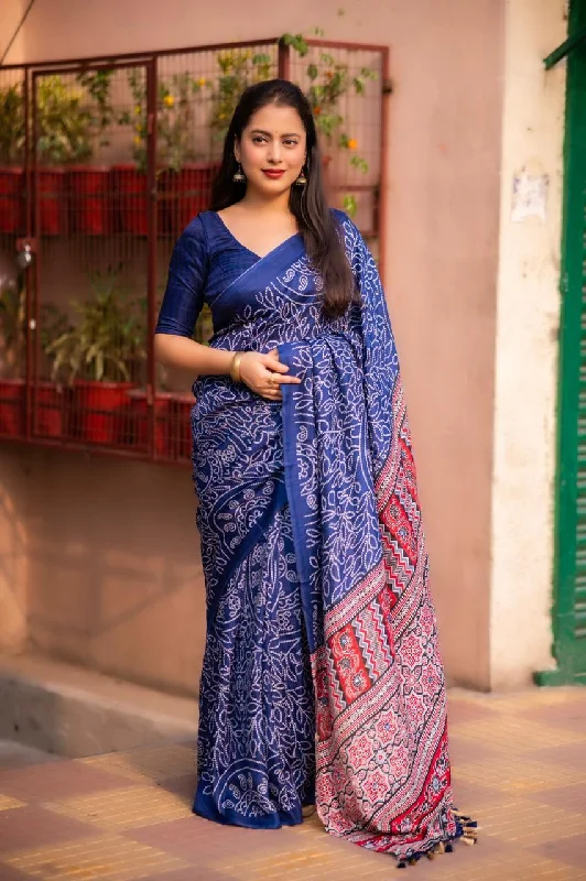 Blue Silk Blend Ajrak Saree with Unstitched Blouse - A2M Sheer Mesh Blouse