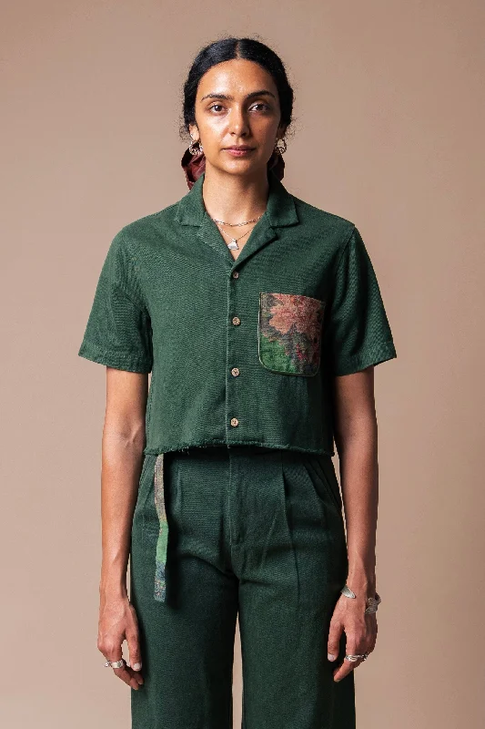 Green Organic Hemp/Cotton Cropped Camp Collar Shirt-- Spandex Blend Rayon Blend Denim Blend Green Organic Hemp/Cotton Cropped Camp Collar Shirt-- Spandex Blend Rayon Blend Denim Blend