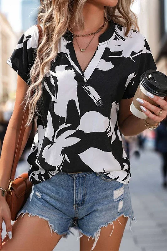 UNISHE - Summer Black Printed V Neck Short Sleeves Blouse BFZY979: Black / XL Lightweight Linen Blouse UNISHE - Summer Black Printed V Neck Short Sleeves Blouse BFZY979: Black / XL Lightweight Linen Blouse