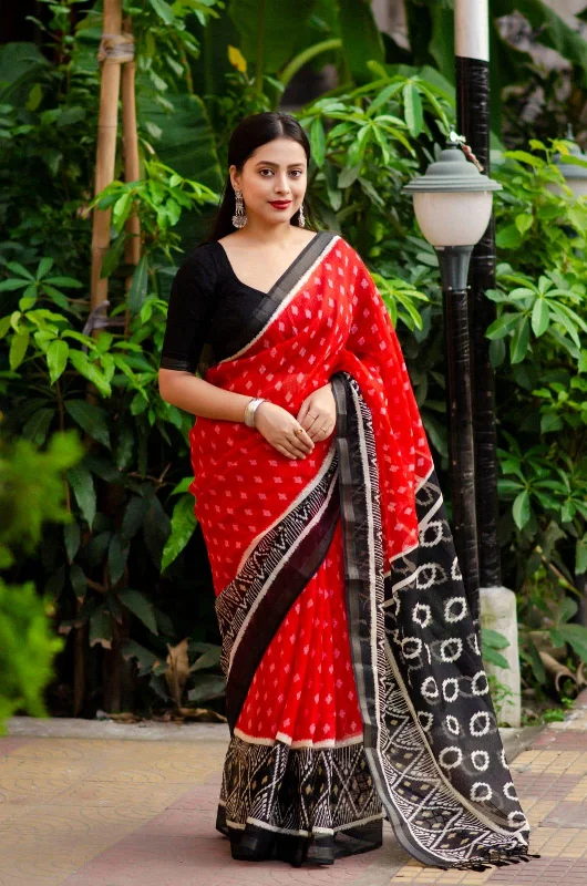 Red Polycotton Ethnic Motifs Saree with Unstitched Blouse - A2M Off-Shoulder Wrap Blouse Red Polycotton Ethnic Motifs Saree with Unstitched Blouse - A2M Off-Shoulder Wrap Blouse
