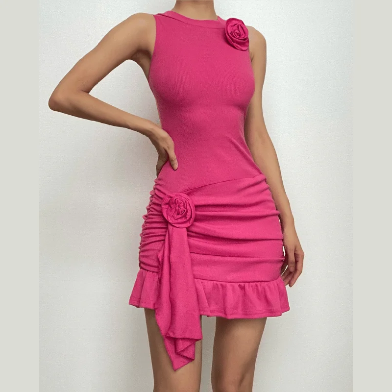 BerryBetty - Flower applique solid sleeveless ribbed ruffle irregular mini dress Elegant Vintage Mini Dress BerryBetty - Flower applique solid sleeveless ribbed ruffle irregular mini dress Elegant Vintage Mini Dress