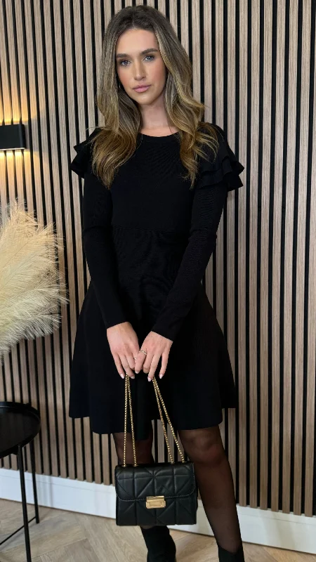 Leighton Black Frill Shoulder Detail Kint Mini Dress Classic Shift Mini Dress