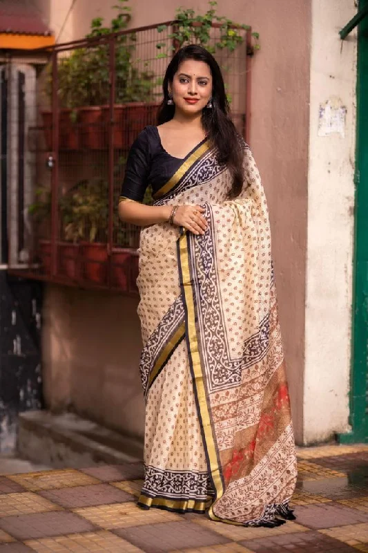Cream Silk Blend Geometric Saree with Unstitched Blouse - A2M Classic Striped Blouse Cream Silk Blend Geometric Saree with Unstitched Blouse - A2M Classic Striped Blouse