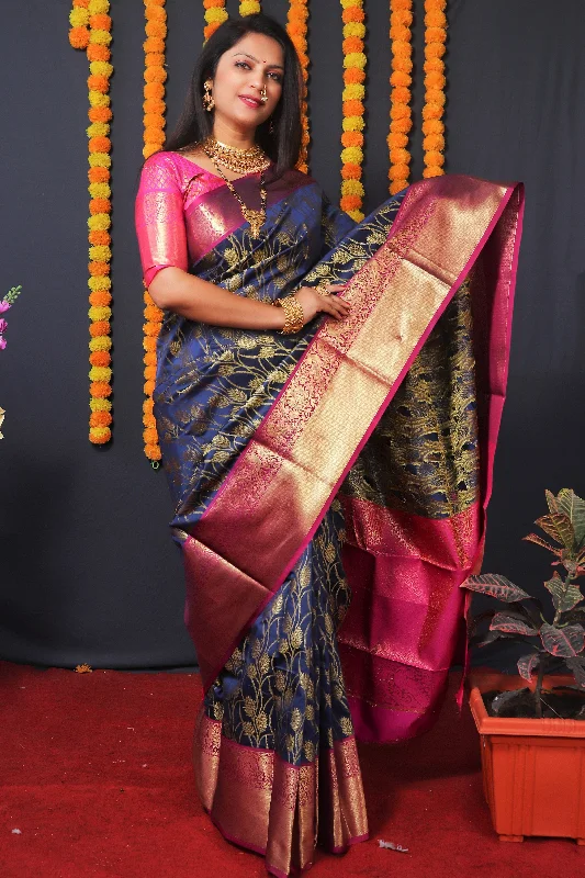 Jyoti Fashion Women's Navy Blue Kanchipuram Silk Zari Woven Saree with Blouse Elegant Semi-Sheer Blouse Jyoti Fashion Women's Navy Blue Kanchipuram Silk Zari Woven Saree with Blouse Elegant Semi-Sheer Blouse