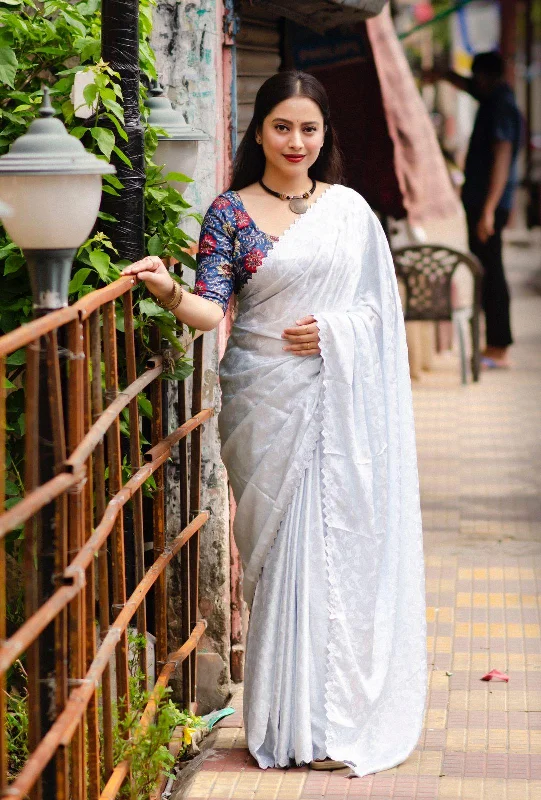 White Poly Silk Ethnic Motifs Saree with Unstitched Blouse - A2M Mandarin Collar Blouse White Poly Silk Ethnic Motifs Saree with Unstitched Blouse - A2M Mandarin Collar Blouse