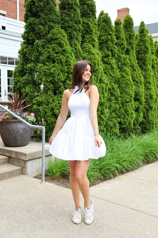 SMOCKED HALTER MINI DRESS IN WHITE Elegant Mini Dress with Pleats