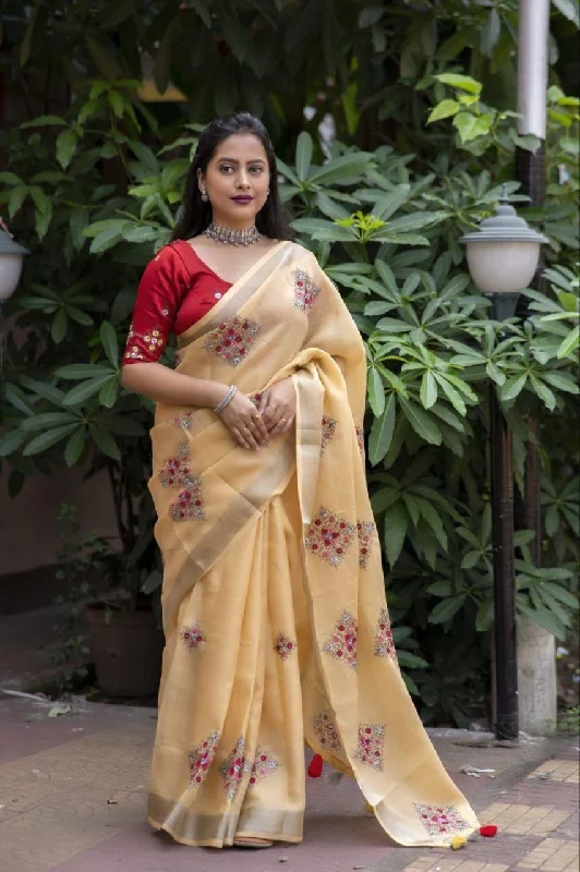 Yellow Pure Linen Ethnic Motifs Saree with Unstitched Blouse - A2M Loose Fit Blouse