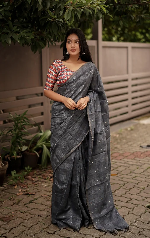 Grey Pure Linen Ethnic Motifs Saree with Unstitched Blouse - A2M Asymmetric Hem Blouse Grey Pure Linen Ethnic Motifs Saree with Unstitched Blouse - A2M Asymmetric Hem Blouse