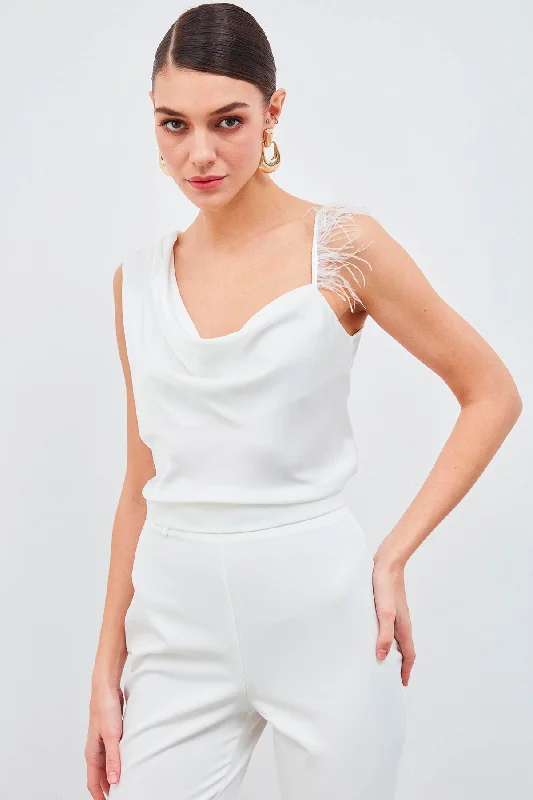 Feather and Pleated Strap Blouse - White Embroidered Cotton Blouse