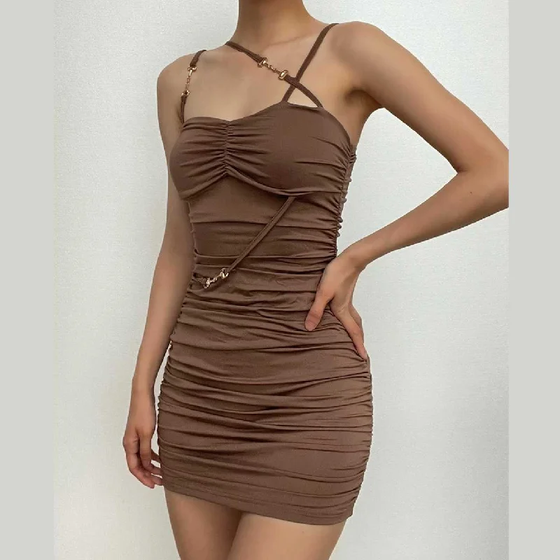BerryBetty - Ruched solid metal chain irregular backless mini dress Comfortable Zip-Up Mini Dress BerryBetty - Ruched solid metal chain irregular backless mini dress Comfortable Zip-Up Mini Dress