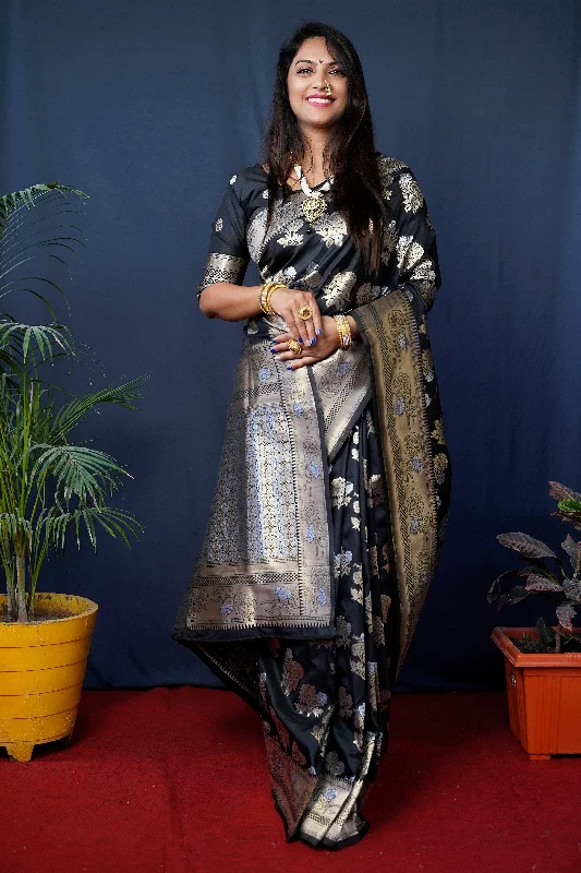 Jyoti Fashion Women's Black Handloom Banarasi Silk Zari Woven Saree with Blouse Boho Chic Blouse Jyoti Fashion Women's Black Handloom Banarasi Silk Zari Woven Saree with Blouse Boho Chic Blouse