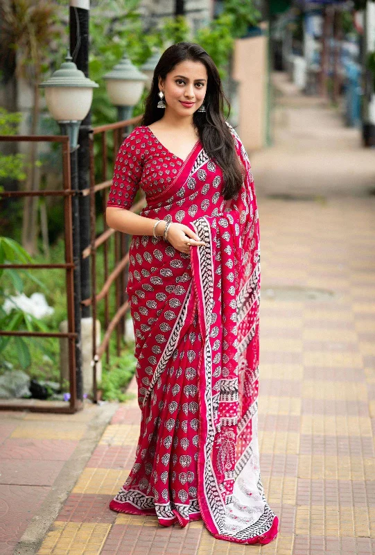 Rani Poly Georgette Ajrak Saree with Unstitched Blouse - A2M Embroidered Floral Blouse Rani Poly Georgette Ajrak Saree with Unstitched Blouse - A2M Embroidered Floral Blouse