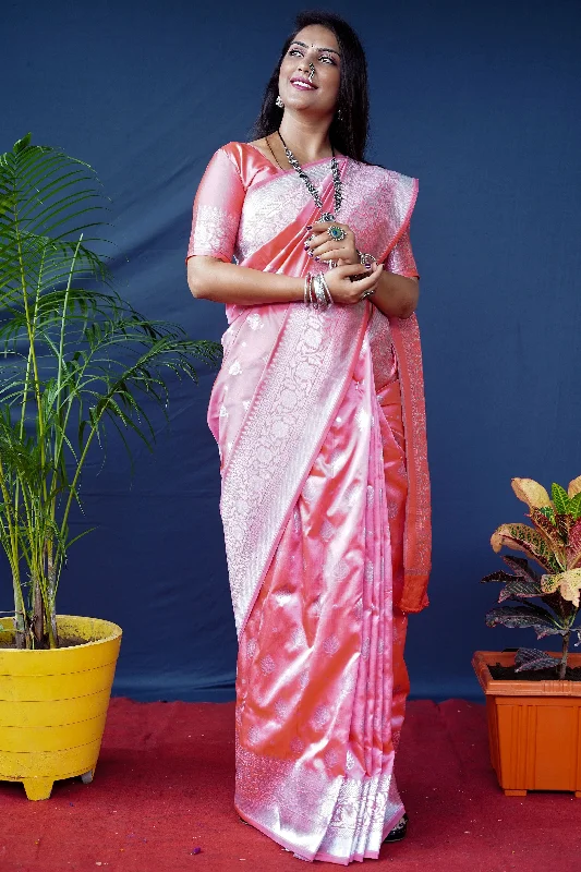 Jyoti Fashion Women's Peach Soft Banarasi Silk Zari Woven Saree with Blouse Loose Oversized Blouse Jyoti Fashion Women's Peach Soft Banarasi Silk Zari Woven Saree with Blouse Loose Oversized Blouse