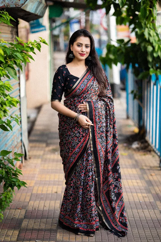Black Cotton Blend Ajrak Saree with Unstitched Blouse - A2M Wrap Front Blouse
